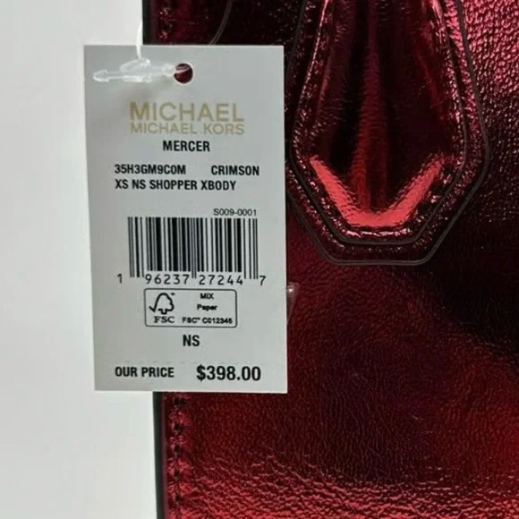NWT Michael Kors Mercer XS North South Shopper Crossbody in Metallic Crimson Red - Picture 7 of 7